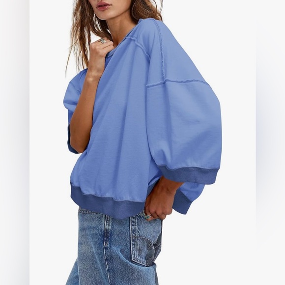 3/4 Sleeve Oversized Cropped Crewneck Sweatshirt - Picture 2 of 8